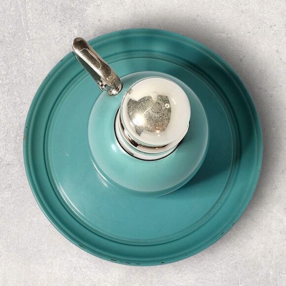 Vintage Manning Bowman Art Deco Turquoise Thermos & Tray w/ Glass Stopper Chrome - Picture 4 of 16